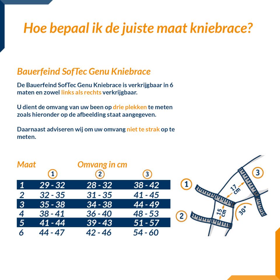 Maattabel Bauerfeind SofTec Genu Kniebrace met instelbare scharnieren