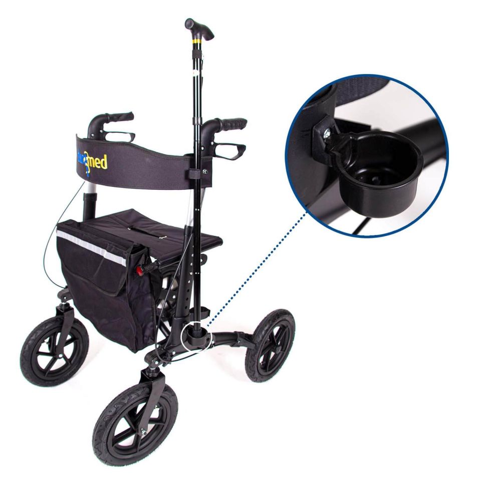 Outdoor rollator met stokhouder