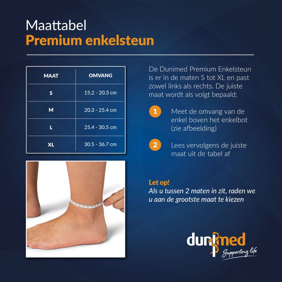 Dunimed premium enkelbrace maattabel
