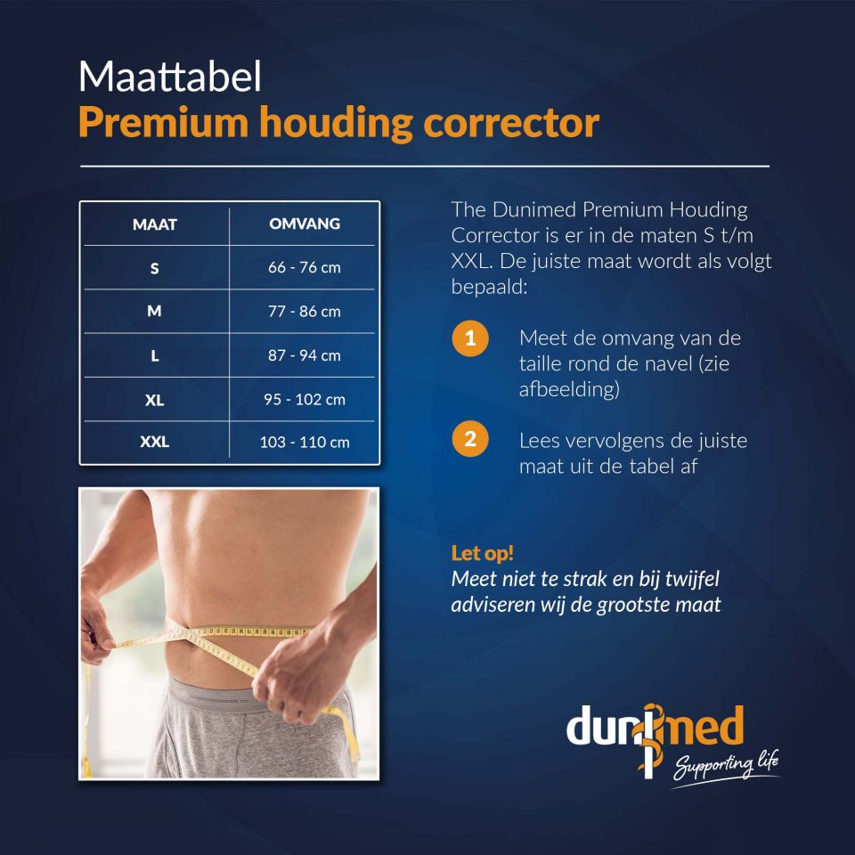 Dunimed premium houdingcorrector maattabel
