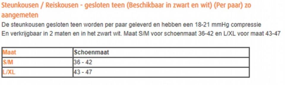 Steunkousen gesloten teen maattabel