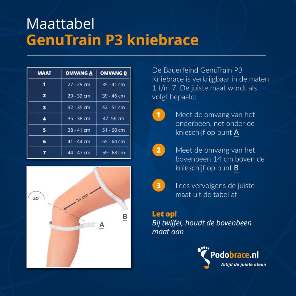 Maattabel Bauerfeind GenuTrain P3 Knie brace