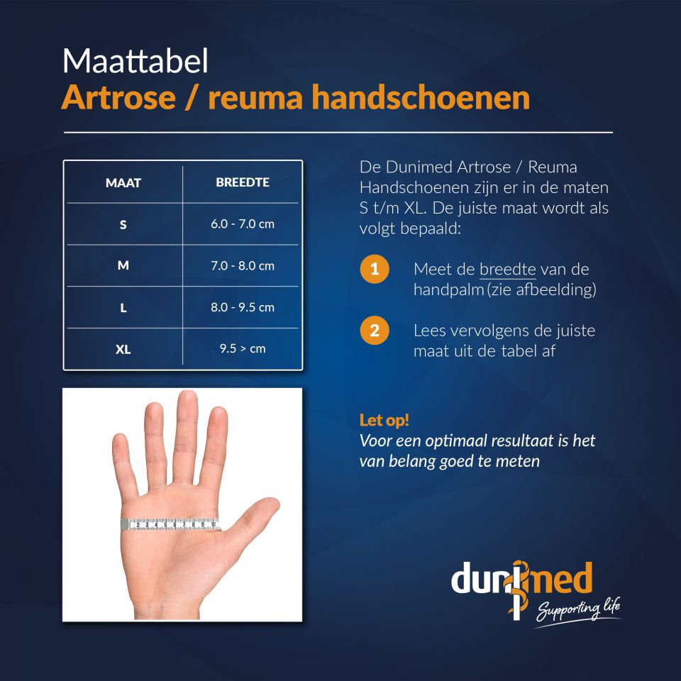 Maattabel dunimed reuma handschoenen met antisliplaag