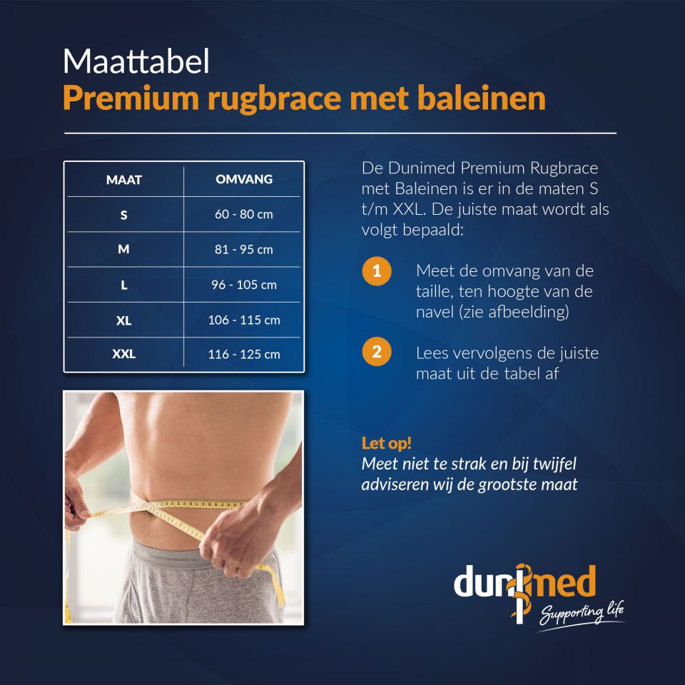 Maattabel Dunimed premium rugbrace met baleinen
