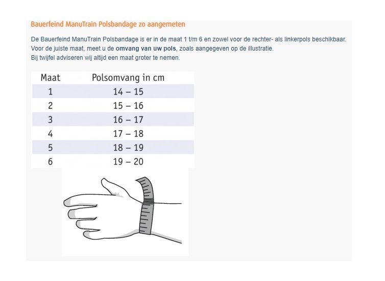 Maattabel Bauerfeind ManuTrain Polsbrace