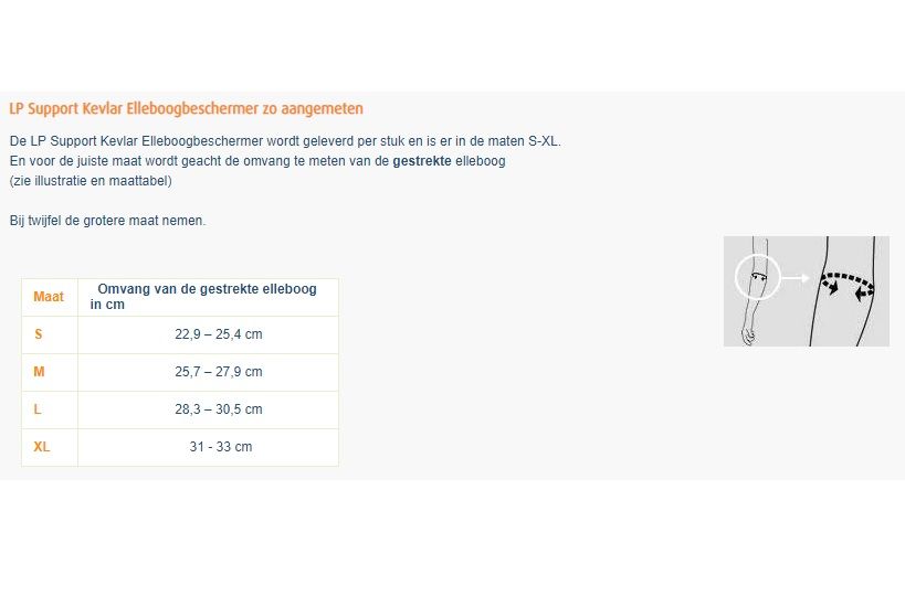 Maattabel LP Support Kevlar Elleboogbeschermer