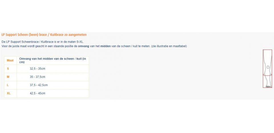 Maattabel LP Support scheen brace