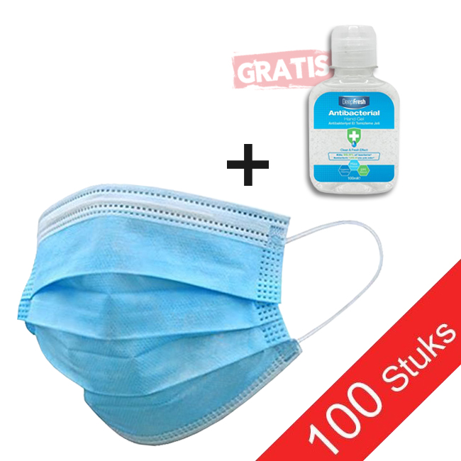 Mondkapjes (GB/T 32610 norm) 3 laags - 100 stuks + gratis 100ml handgel!