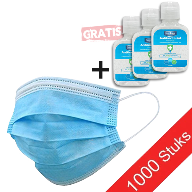 Mondkapjes (GB/T 32610-norm) 3 laags - 1000 stuks + 3x gratis 100ml handgel